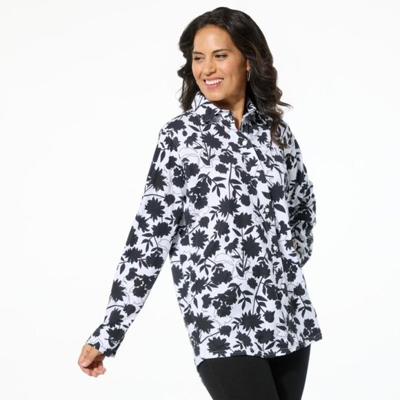 HUE Long Sleeve Button Front Nap Shirt Size Large Black Floral White Boho Career - Picture 1 of 6
